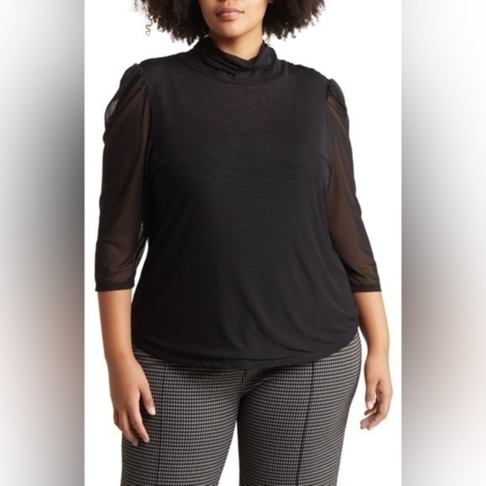 T Tahari Black Sheer Sleeve Mock Neck Blouse